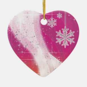 Ornement Cœur En Céramique Personnaliser du ruban Snowy Star (rose et jaune)