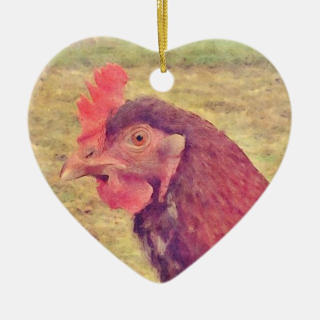 Ornement Cœur En Céramique Petite poule rouge peinte (Devant)