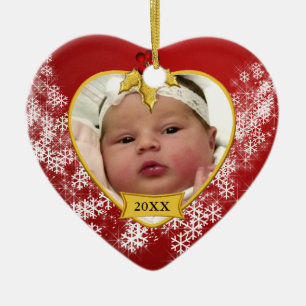 Ornement Cœur En Céramique Photo de Noël du bébé rouge de Milou première
