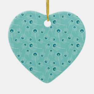 Ornement Cœur En Céramique Plumes de paon turquoises