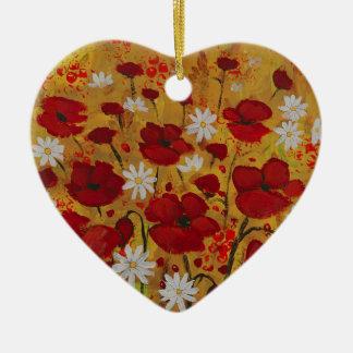 Ornement Cœur En Céramique Pré de pavot, fleurs rouges