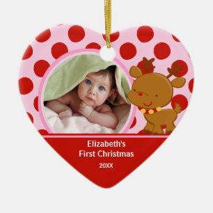 Ornement Cœur En Céramique Premier renne d'ornement de photo de Noël du bébé