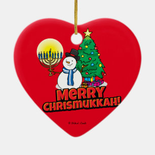 Ornement Cœur En Céramique Red Merry Chrismukkah avec Snowman et Menorah