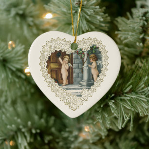 Ornement Cœur En Céramique Saint-Valentin victorien, anges vintage avec lettr