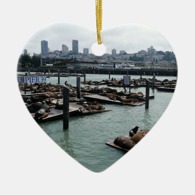 Ornement Cœur En Céramique San Francisco et Pier 39 Sea Lions City Skyline (Devant)