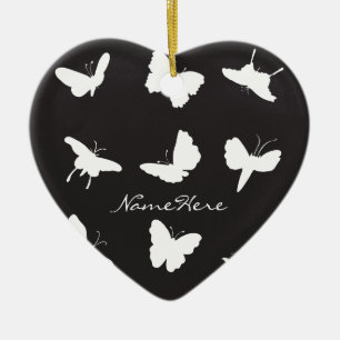 Ornement Cœur En Céramique Silhouettes de papillons noirs et blancs