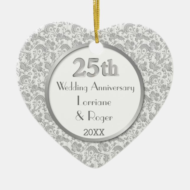 Ornement Cœur En Céramique Silver Floral Elegance 25e anniversaire Mariage (Devant)