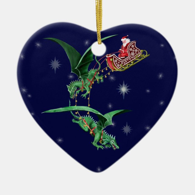 Ornement Cœur En Céramique Sleigh de Père Noël avec des dragons (Devant)