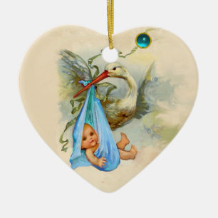 ORNEMENT CŒUR EN CÉRAMIQUE STORK BÉBÉ GARÇON DOUCHE COEUR MONOGRAM BLEU SAPPH