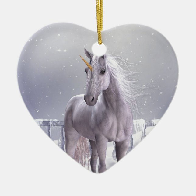 Ornement Cœur En Céramique Unicorne dans la neige (Devant)
