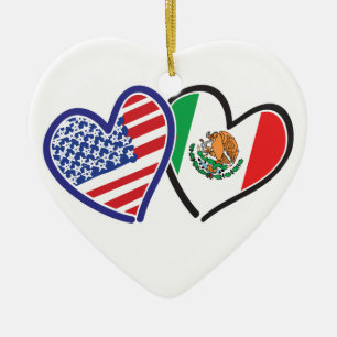 Ornement Cœur En Céramique USA Mexico Heart Flags