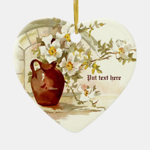 Ornement Cœur En Céramique Vase avec roses blanches vintage aquarelle ornemen