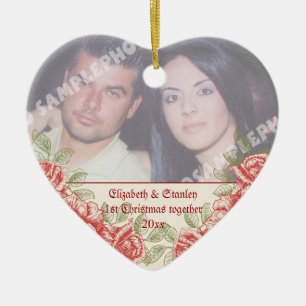 Ornement Cœur En Céramique Vintage Red roses Couple première photo de Noël