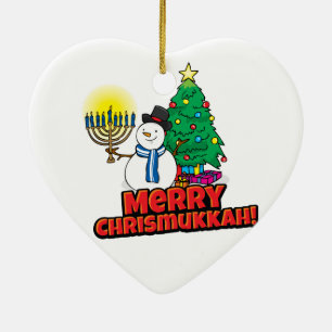 Ornement Cœur En Céramique White Merry Chrismukkah avec Snowman et Menorah