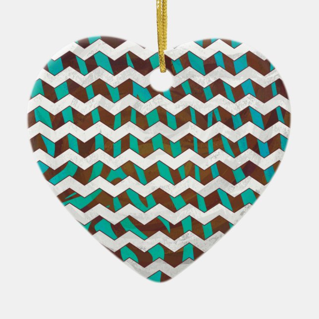 Ornement Cœur En Céramique Zebra Chevron Impression Brown et Turquoise (Devant)