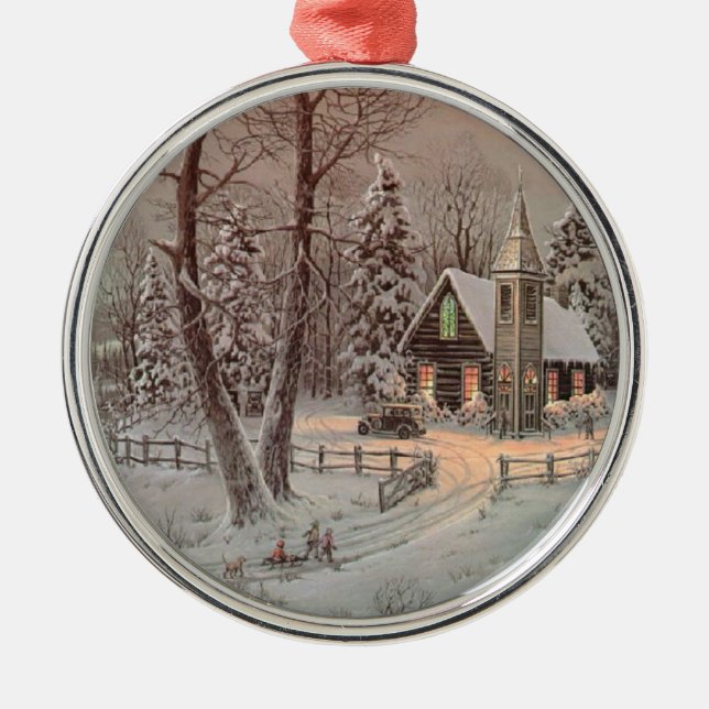 Ornement d'arbre de Noël de scène d'église de pays (Devant)