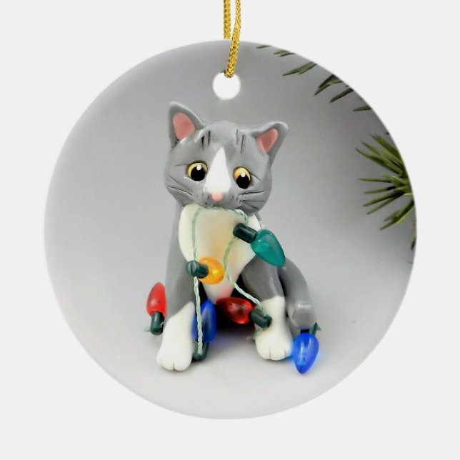 Ornement de chat gris et blanc (Devant)