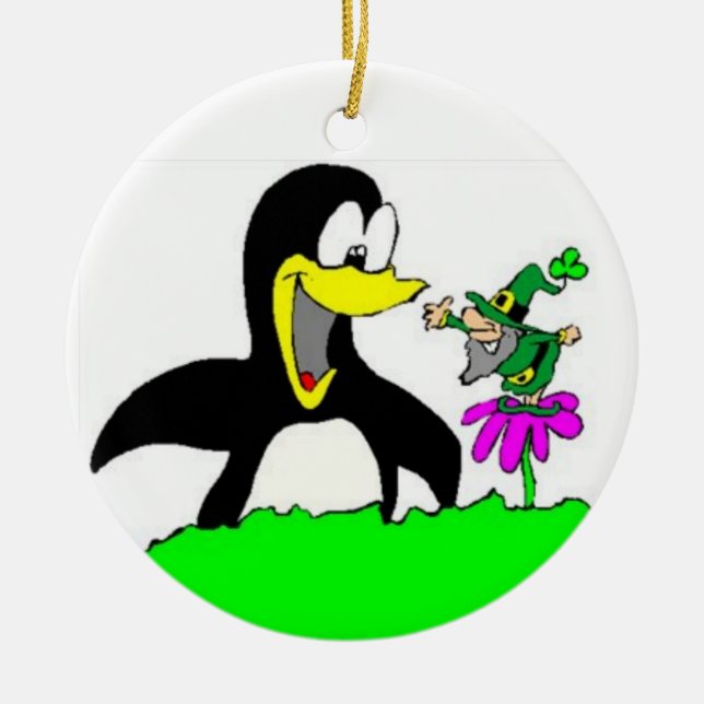 Ornement de dessin animé Penguin et Leprechaun (Devant)
