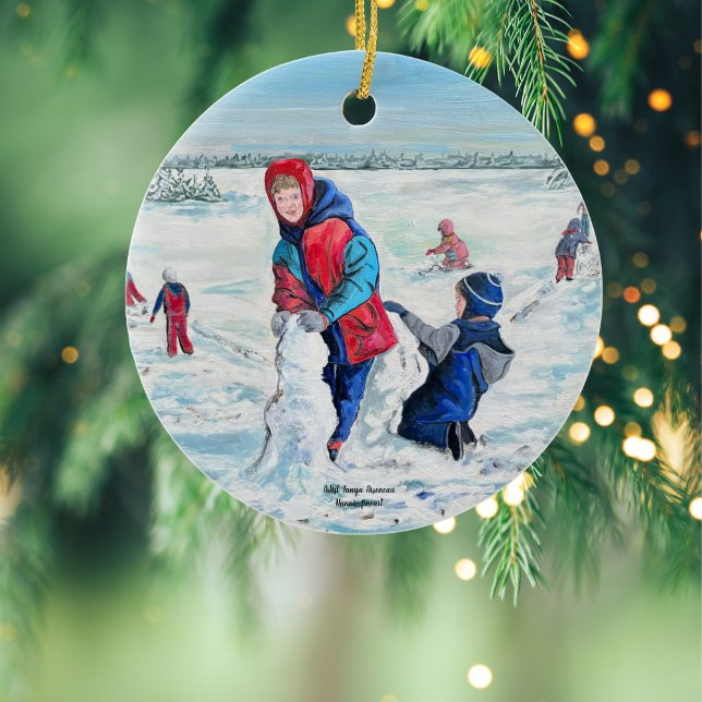 Ornement de Noël ART vintage (Classic Christmas Wintery Landscape Of Children Playing,)