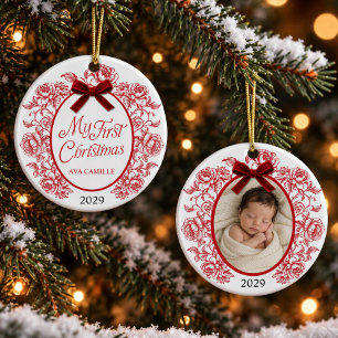 Ornement de Noël Bébé Fleur Toile Rouge Premier No