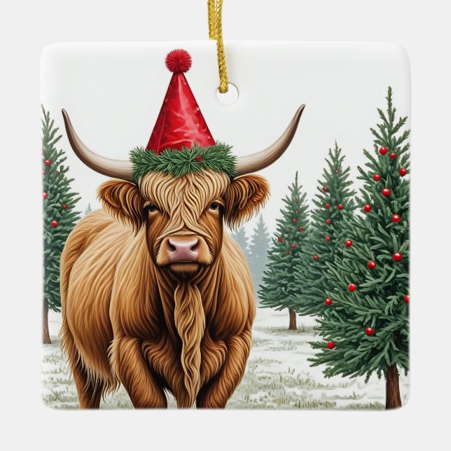 Ornement de Noël de la vache Highland - Carré fest (Devant)