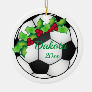 Ornement de Noël de soccer personnalisé noir et bl