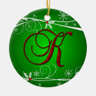 Ornement de Noël K initial en Rouge Vert Holly