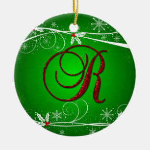 Ornement de Noël R initiale verts rouges de houx