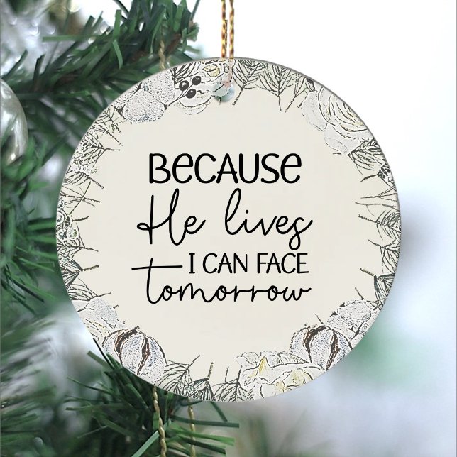 Ornement de Pâques gris rétro (Because he lives easter gray floral wreath script typography christian ornament)