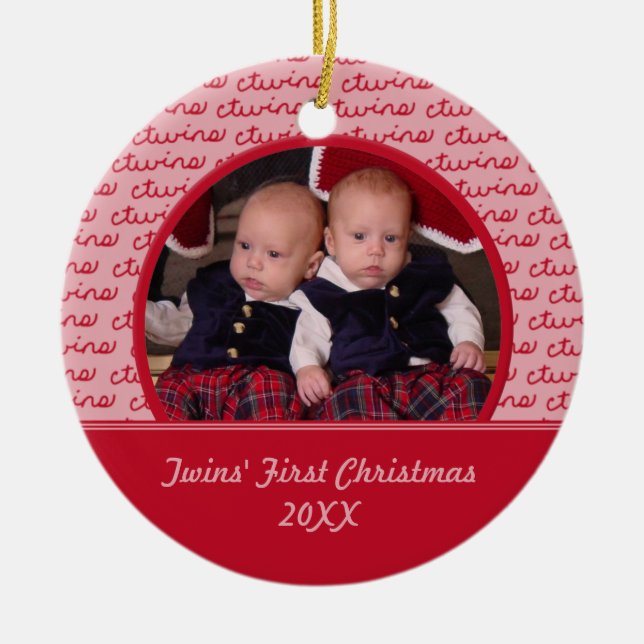 Ornement de photo de Noël des jumeaux de rouge (Devant)
