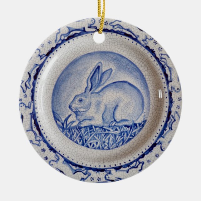 Ornement de poterie de lapin bleu et blanc, "bleu  (Devant)