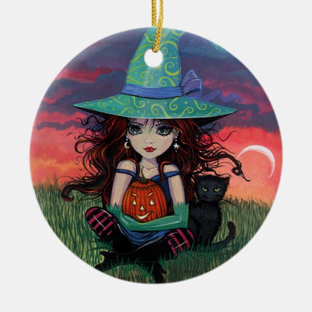 Ornement de sorcière et de chats d'Halloween (Devant)