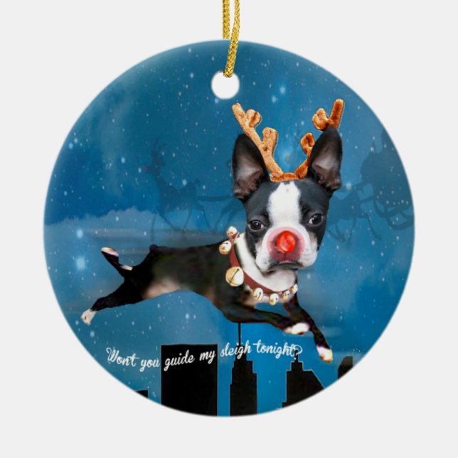 Ornement de vacances de renne de Boston Terrier (Devant)