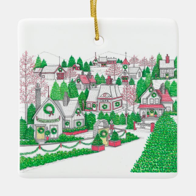 Ornement de village de Noël tiré à la main (Devant)