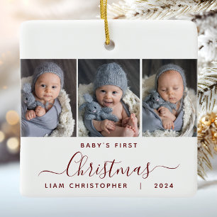 Ornement En Céramique 1er Noël du bébé 3 Photo Burgundy Red Script