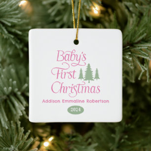 Ornement En Céramique 1er Noël du Bébé rose simple mignon