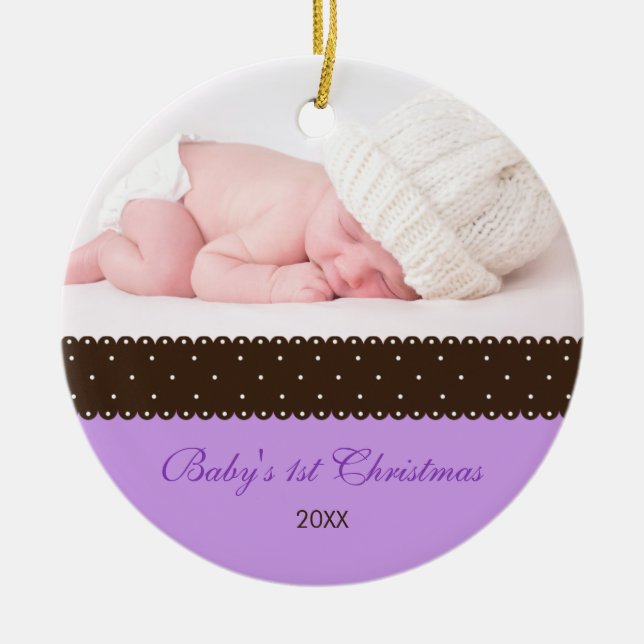 Ornement En Céramique 1er Noël du bébé - Ruban (lavande) (Devant)