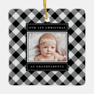 Ornement En Céramique 1er Noël Grand-parents Black White Plaid Photo