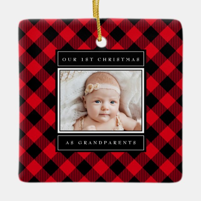 Ornement En Céramique 1er Noël Grand-parents Red Buffalo Plaid Photo (Devant)