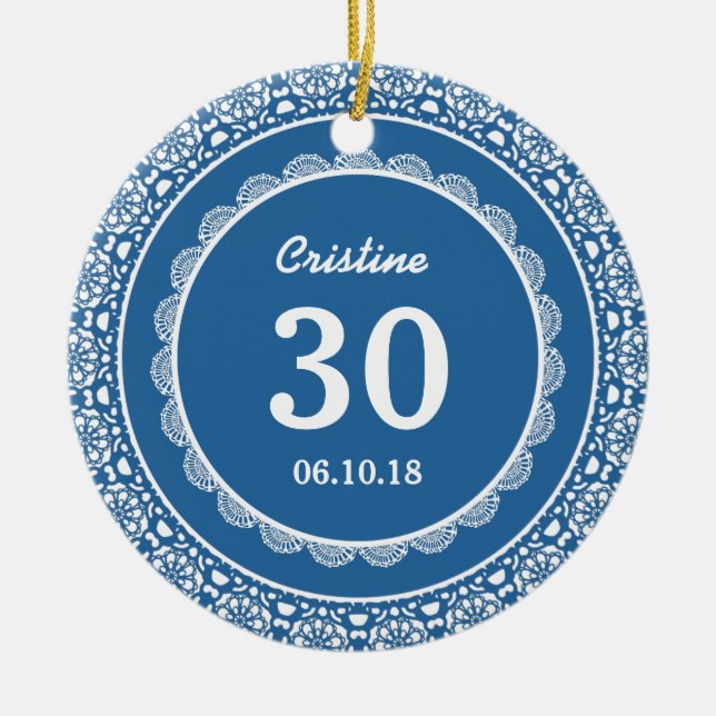Ornement En Céramique 30ème Bleu de souvenir d'anniversaire avec la (Devant)