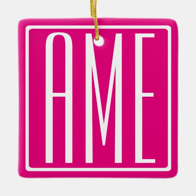 Ornement En Céramique 3 Initiales Monogramme | Blanc sur rose chaud (Devant)