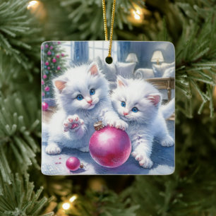 Ornement En Céramique Adorable Chatons Blancs Rose Noël Personnalisé