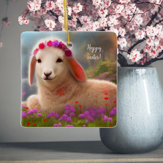 Ornement En Céramique Agneau de Pâques mignon avec fleurs - Pâques (Créateur téléchargé)