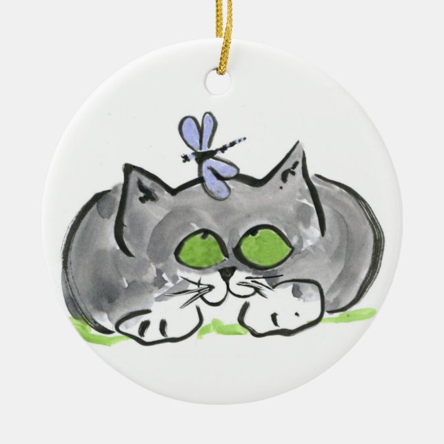 Ornement En Céramique Aiguille raccommodante bleue et chaton gris (Devant)