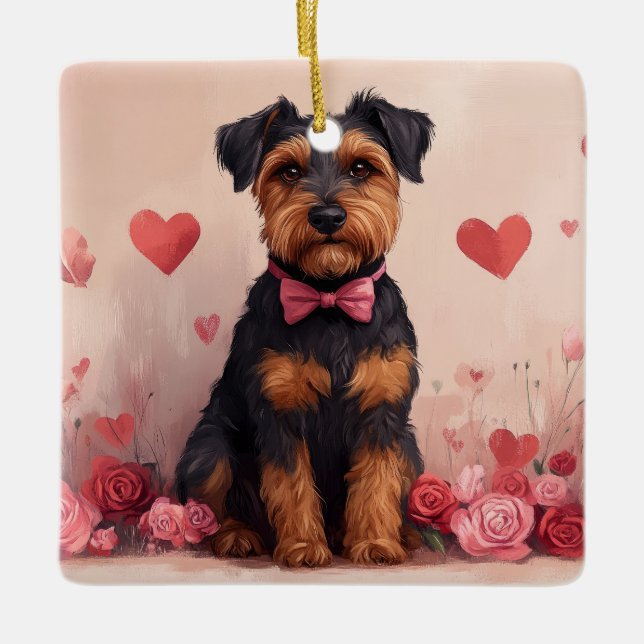 Ornement En Céramique Airedale avec Rose - Saint Valentin (Devant)