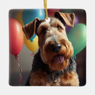 Ornement En Céramique Airedale chien avec gâteau et ballons