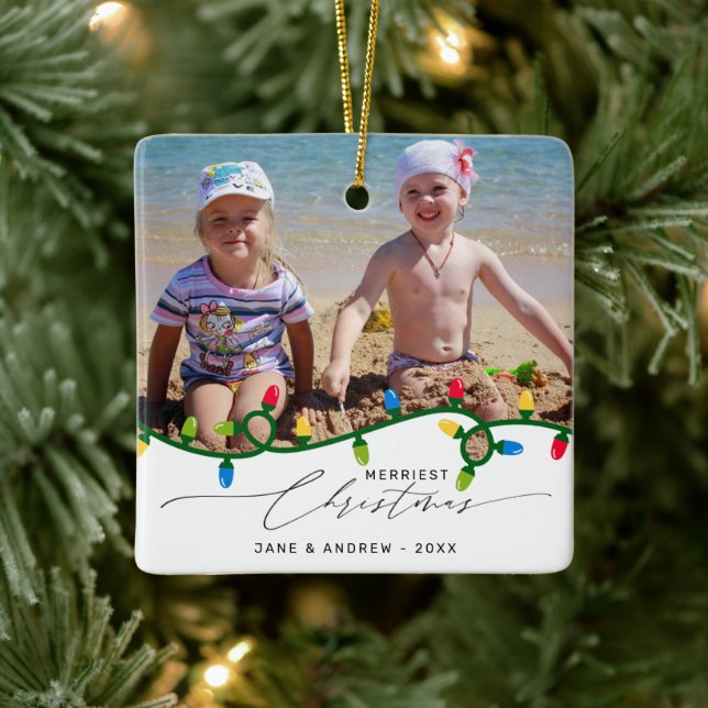 Ornement En Céramique Ajoutez vos 2 photos Festive Lumières Personnalisé (Arbre)
