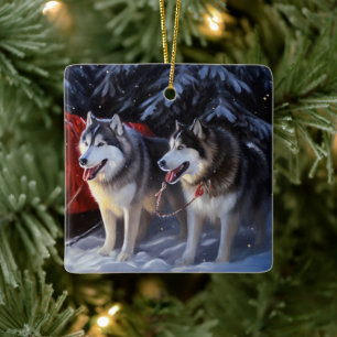 Ornement En Céramique Alaskien Malamute Snowy Sleigh Ride Noël