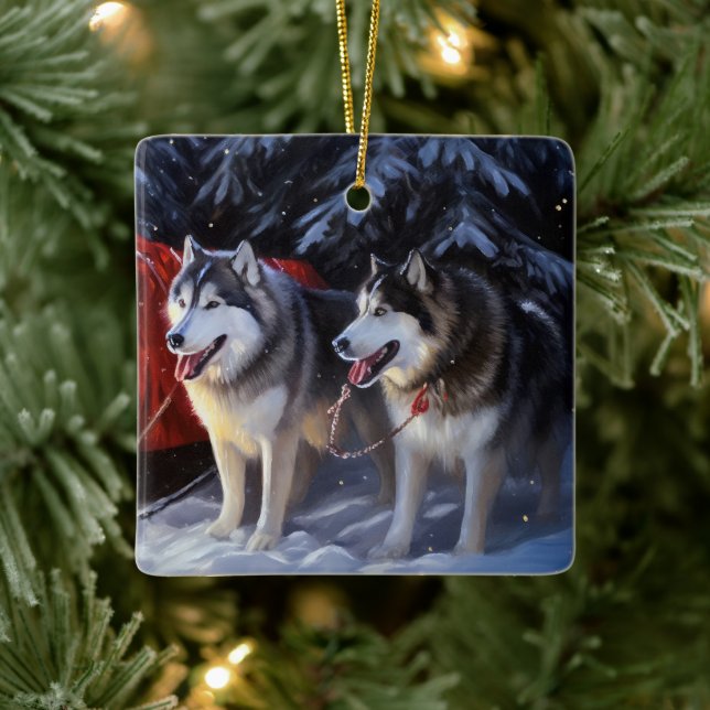 Ornement En Céramique Alaskien Malamute Snowy Sleigh Ride Noël (Arbre)