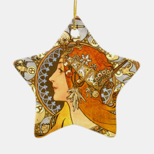 Ornement En Céramique Alfonse Mucha Zodiaque Art Nouveau Femme